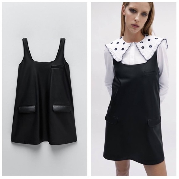 ZARA Black Leather Pinafore Square-Neck Overall Mini Dress - Picture 1 of 6